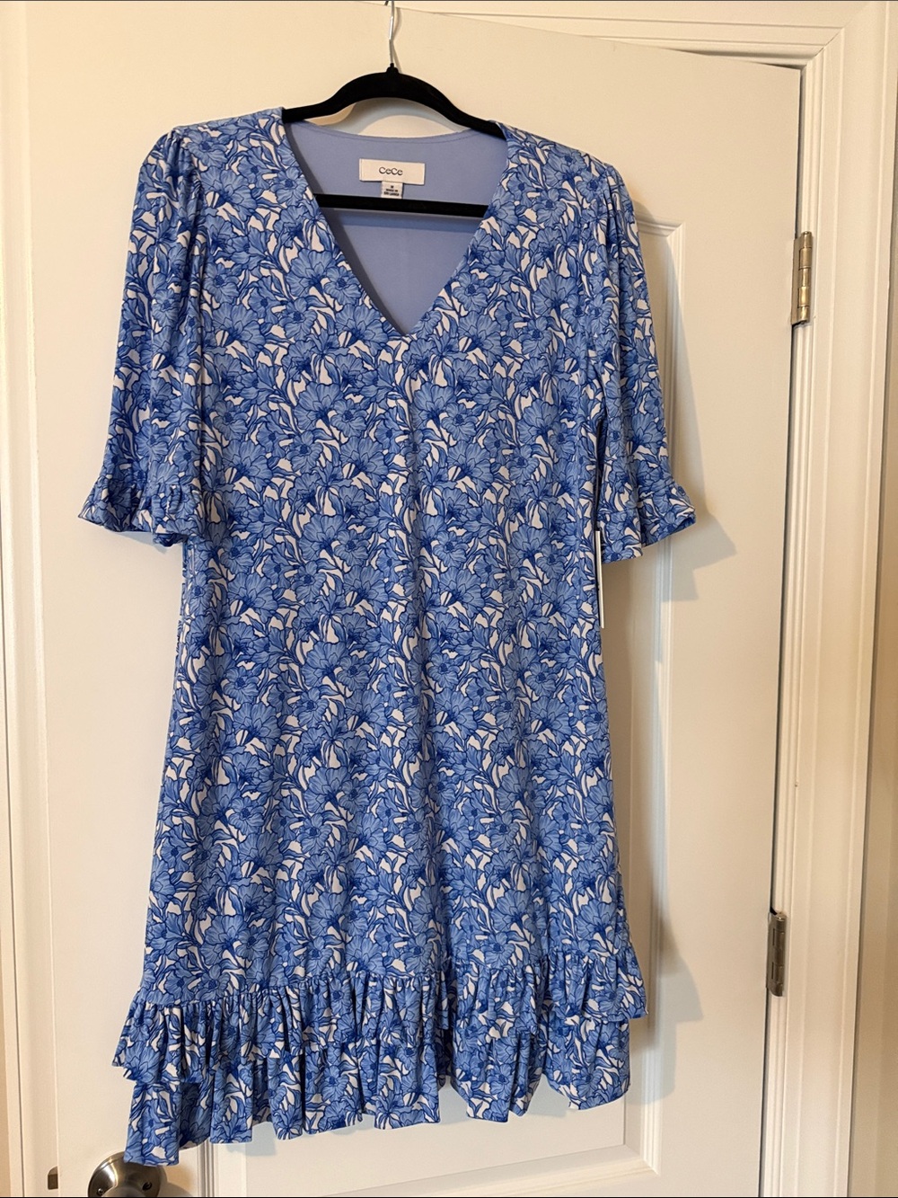 CeCe Blue Floral V-Neck Ruffle Mini Dress